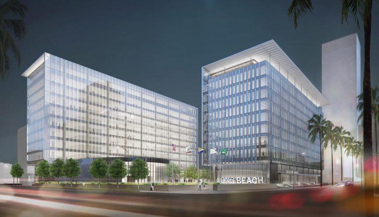 Rendering of the new Long Beach Civic Center: two glass office towers with the Long Beach sign at street level.