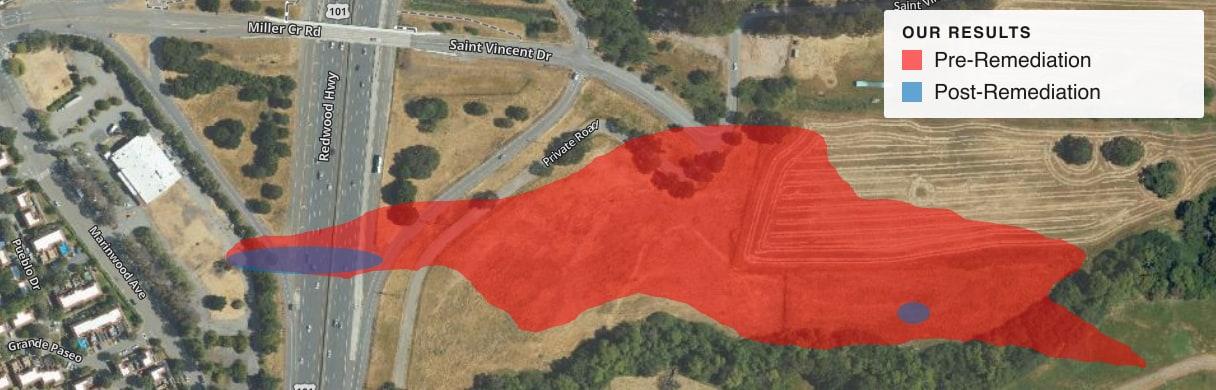 Aerial map of the Marin County site comparing the large pre-remediation impacted area, shaded red, with the two small post-remediation areas, shaded blue.